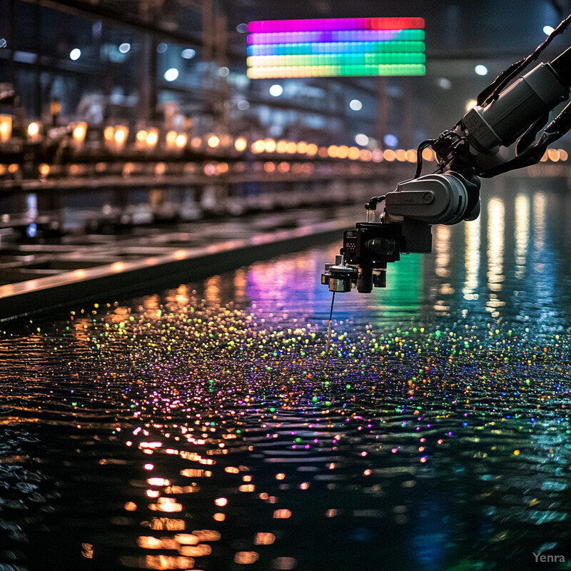 A robotic arm is poised to release a small object into a body of water, possibly in an industrial setting.