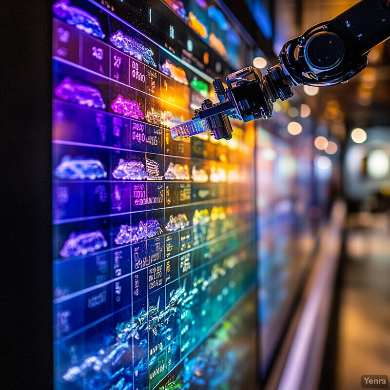 A robotic arm interacts with a large screen displaying a grid of various images in a high-tech laboratory.