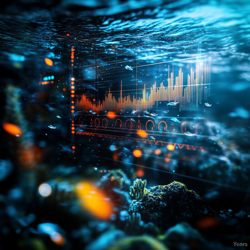 An underwater scene with fish swimming around coral reefs and a large rock formation.