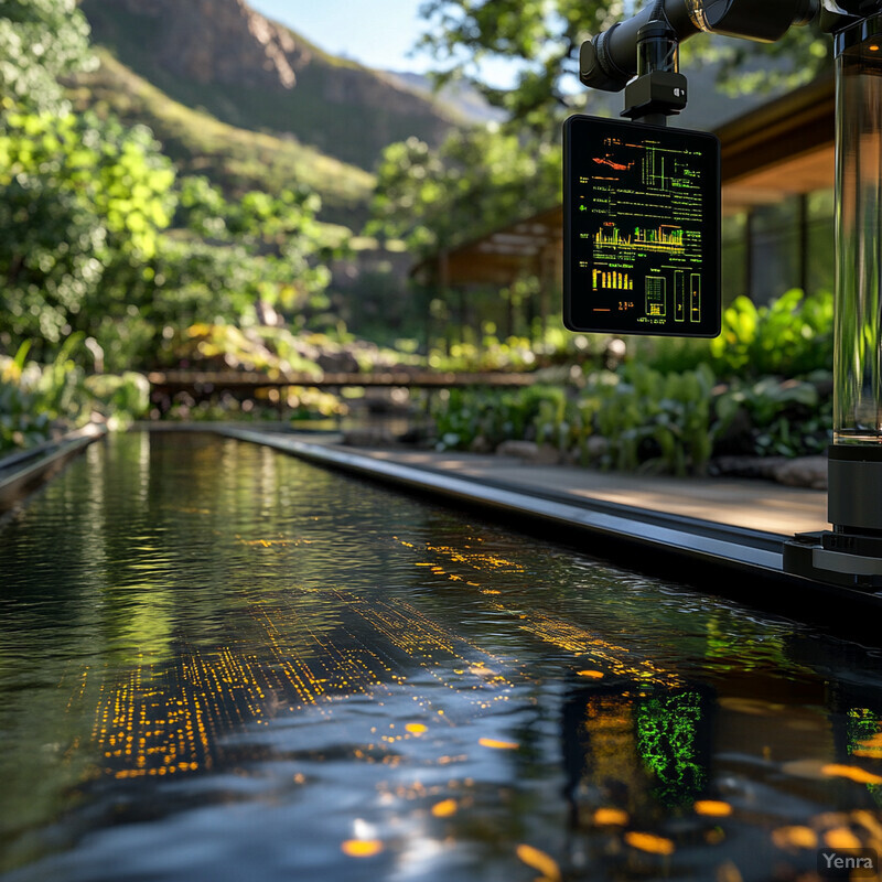 A device suspended above a pool or pond in an outdoor setting.