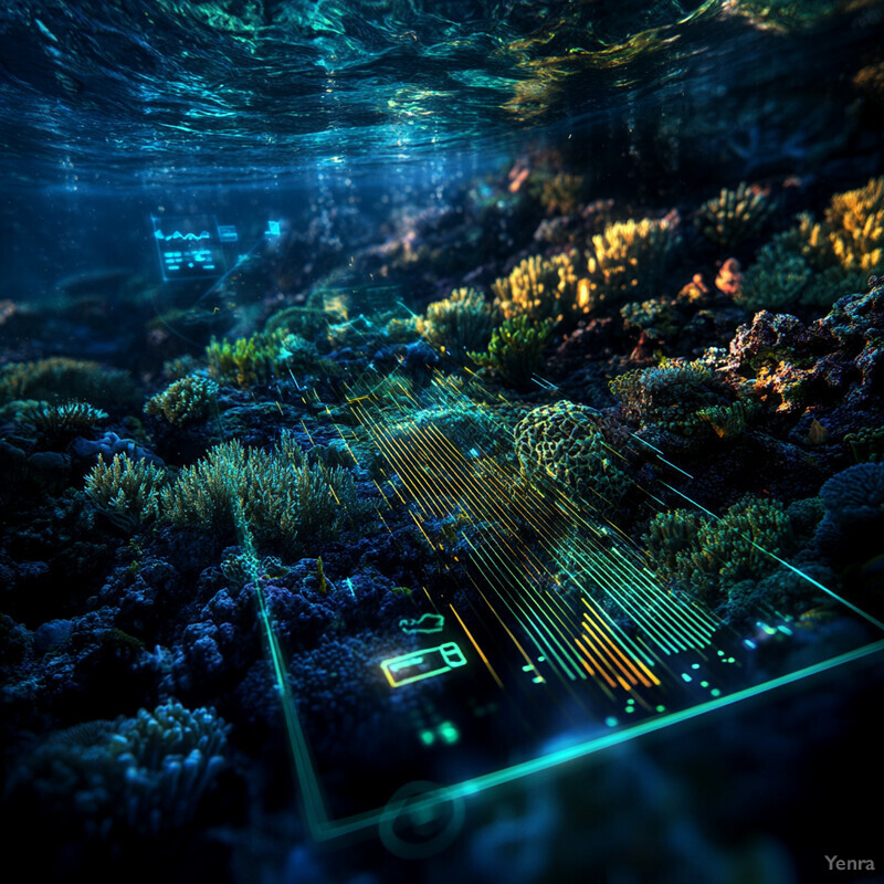 An underwater scene with coral reefs and various marine life, featuring a large fish and sea fans.