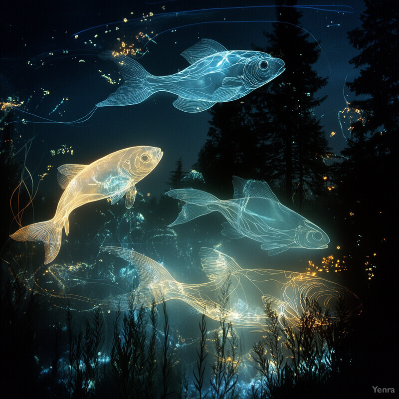 An image of four fish swimming in a peaceful underwater environment, surrounded by plants and flowers.