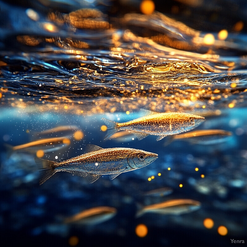 A school of small fish swimming in blue water with orange highlights.