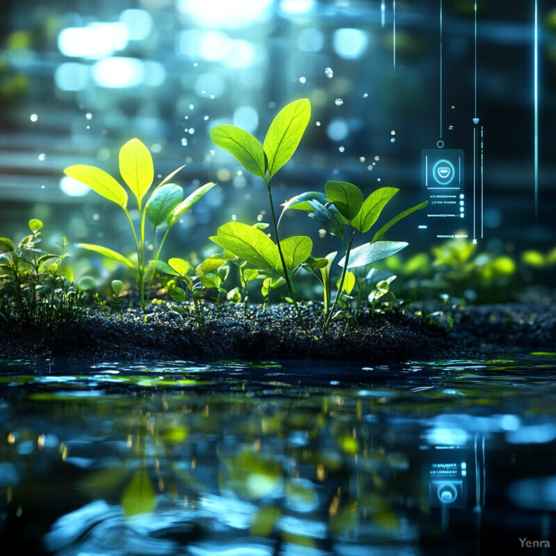 A technologically advanced scene featuring green plants thriving in water.