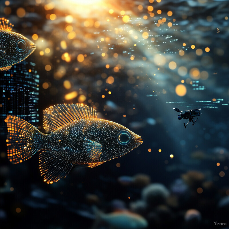 An underwater scene featuring two fish with circuit board-like patterns and a dark blue ocean floor covered in digital data.