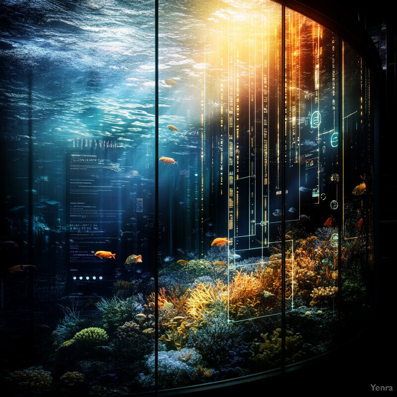 An underwater scene with a futuristic cityscape on a curved screen, featuring orange and yellow fish.