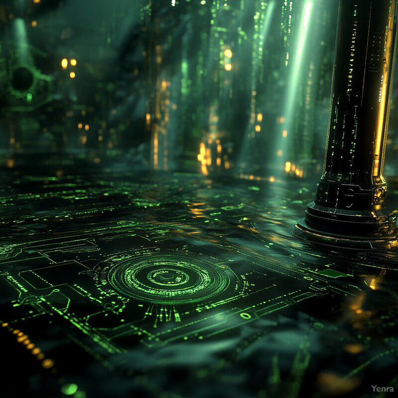 A futuristic scene with a large circuit board and wires, set against a backdrop of high-tech machinery.