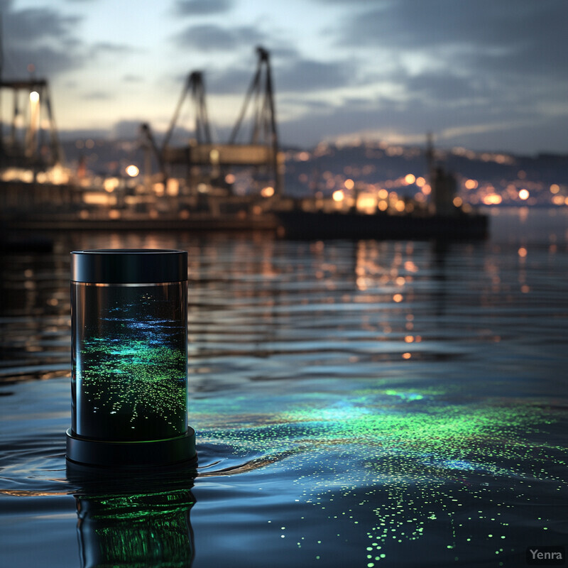 A cylindrical object emitting a green and blue glow is partially submerged in water, with a cityscape visible in the background.