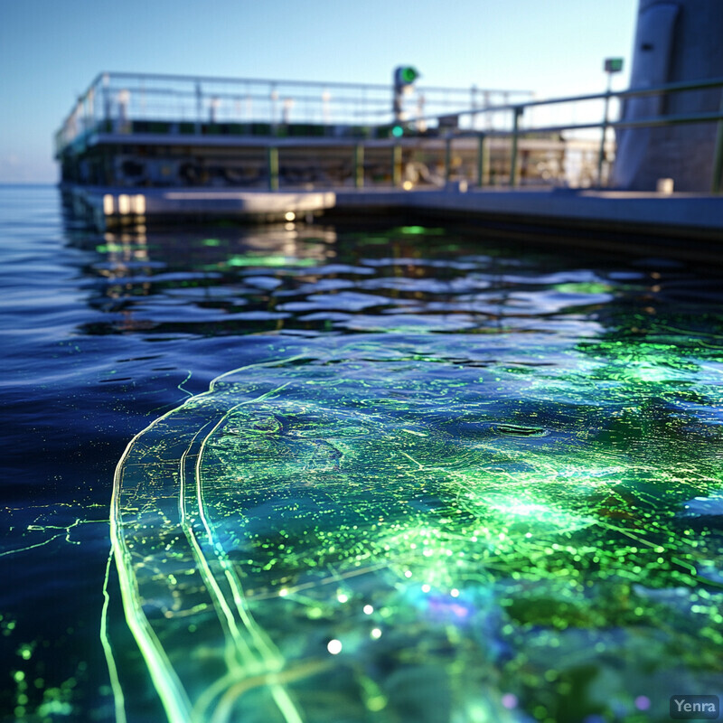 Image depicts a large body of water with a greenish tint and an algal bloom in the foreground.