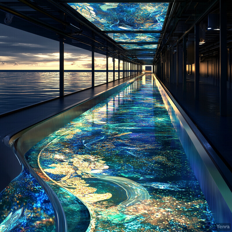 A long, narrow corridor or walkway with a glass floor offering a breathtaking view of the ocean.