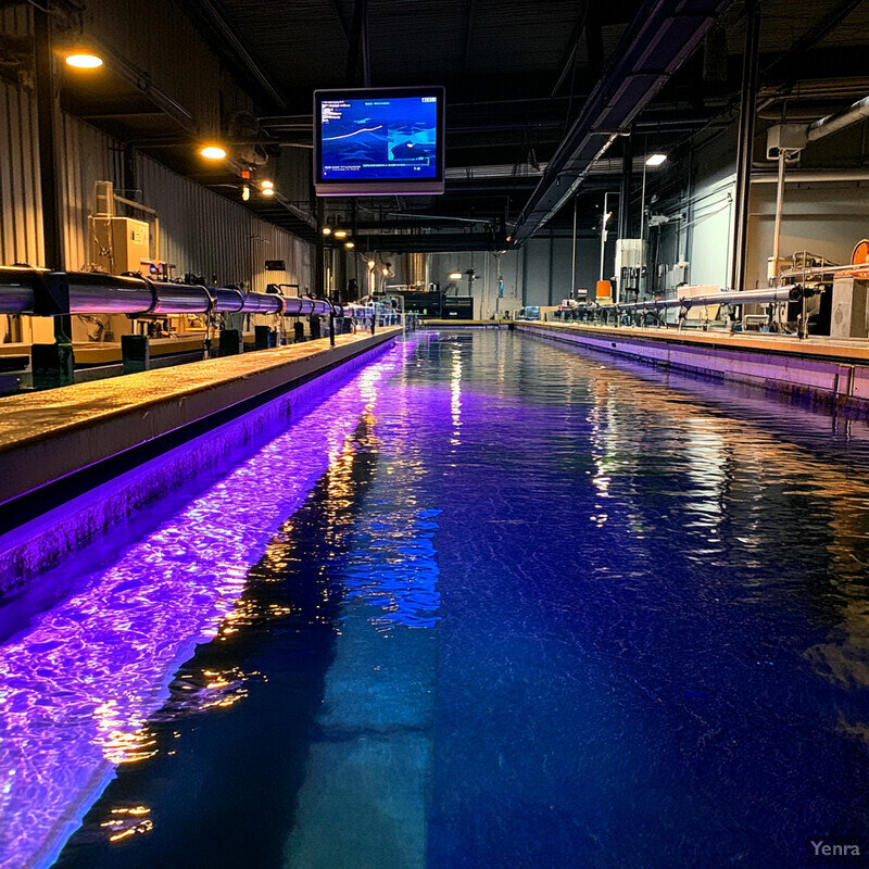 A large pool of purple water in an industrial setting.