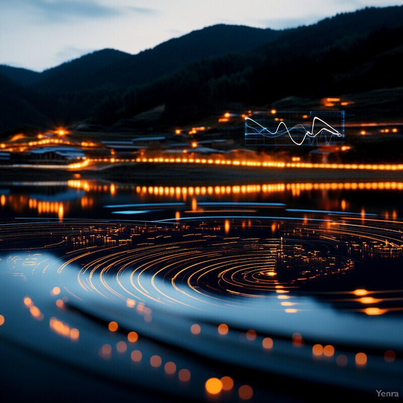 A serene landscape with concentric circles on the water's surface, illuminated by orange lights, and buildings or structures in the distance.