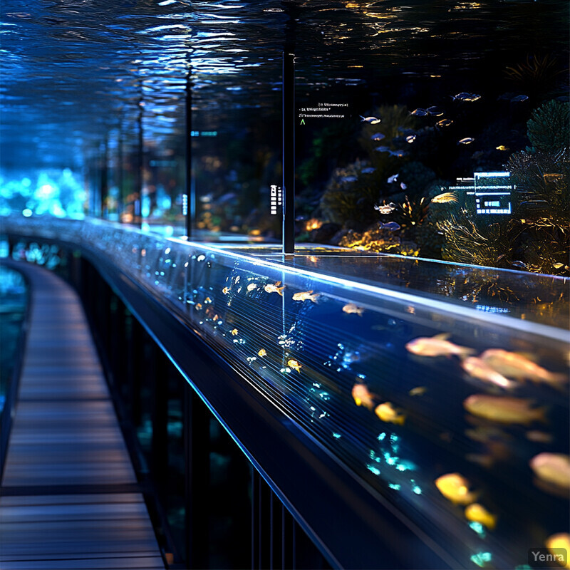 An aquarium with a curved glass wall displaying various fish species.