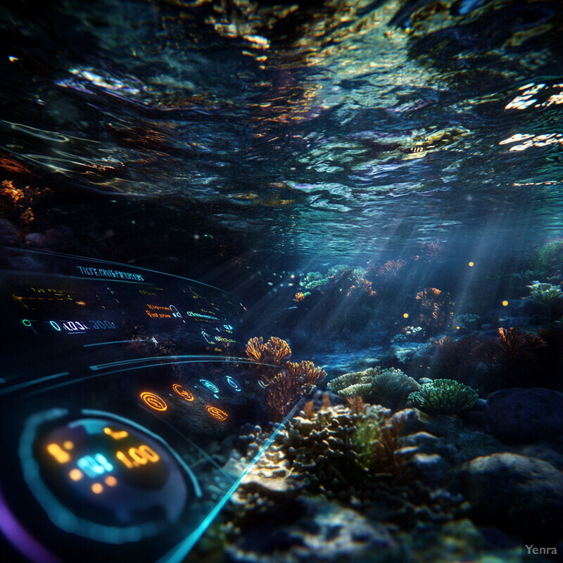 An underwater scene with a digital overlay showing coral reefs and marine life.