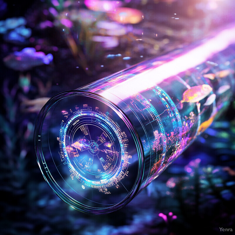 A futuristic-looking tube with a glowing purple light and intricate patterns etched into its surface.