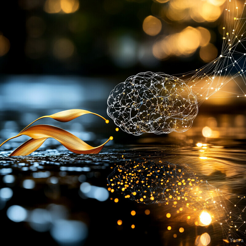 An image featuring golden leaves in shallow water alongside a digital representation of a brain.