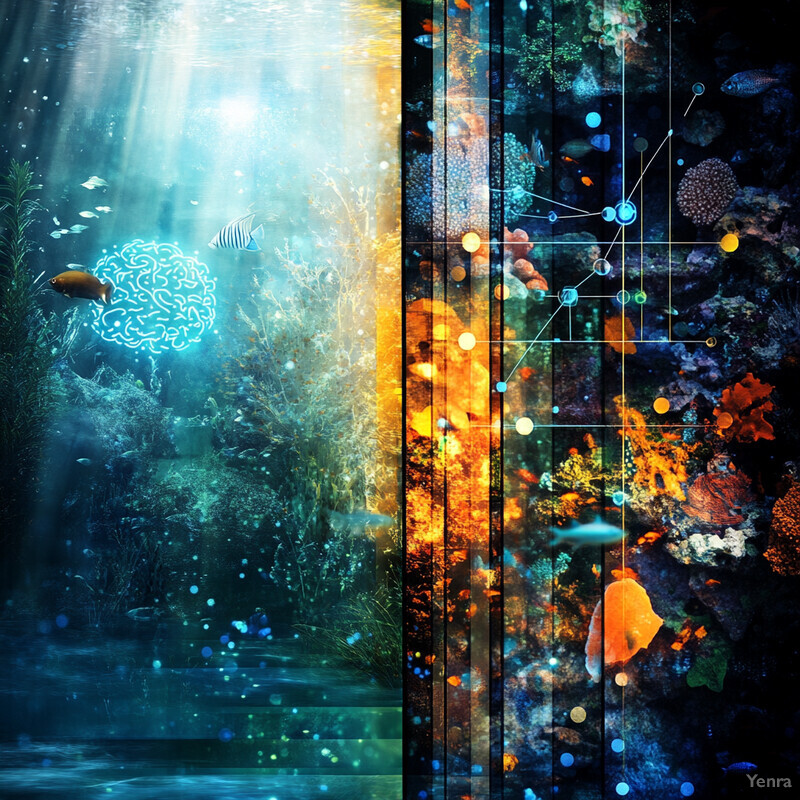 An artistic representation of underwater life with a mix of realistic and abstract elements.