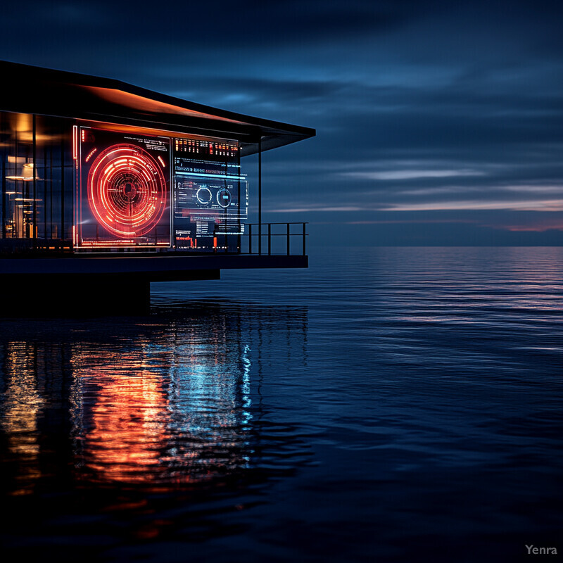 A futuristic house with a large screen displaying real-time alerts on the water.