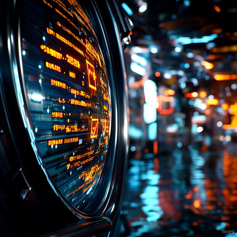 A close-up view of a round object with an orange light display in a dimly lit environment.