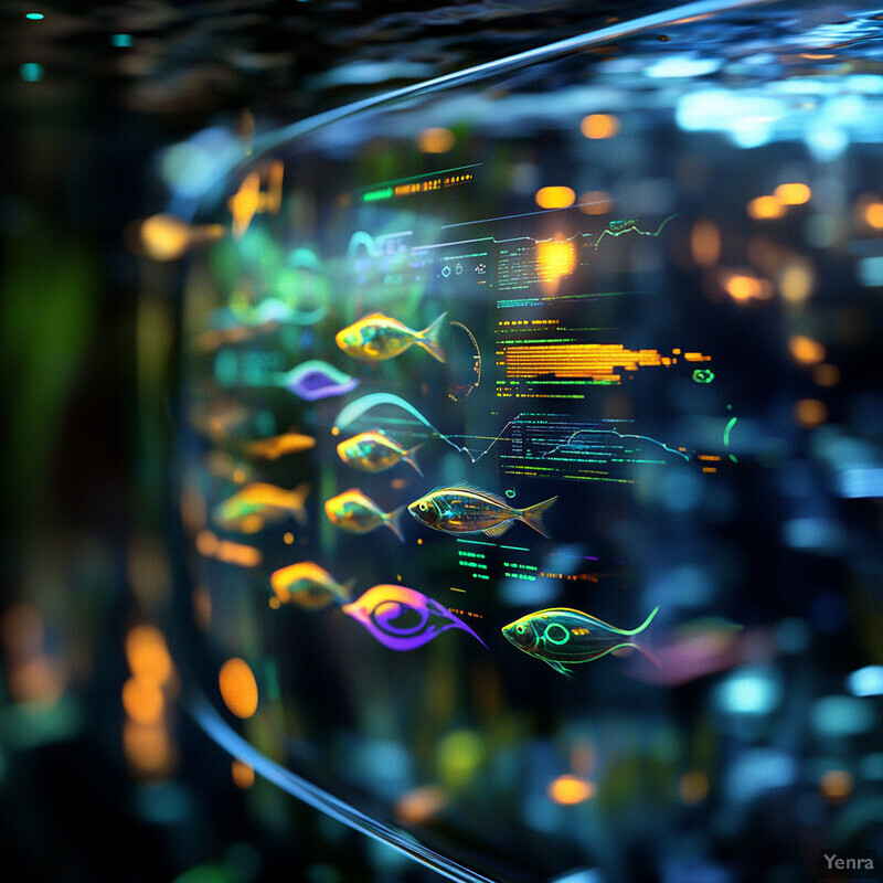 A futuristic display screen showcases real-time behavioral monitoring data in an aquarium setting, featuring multicolored fish and graphs/charts.