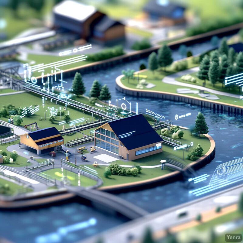 A 3D rendering of an industrial area with multiple buildings and a body of water in the background.