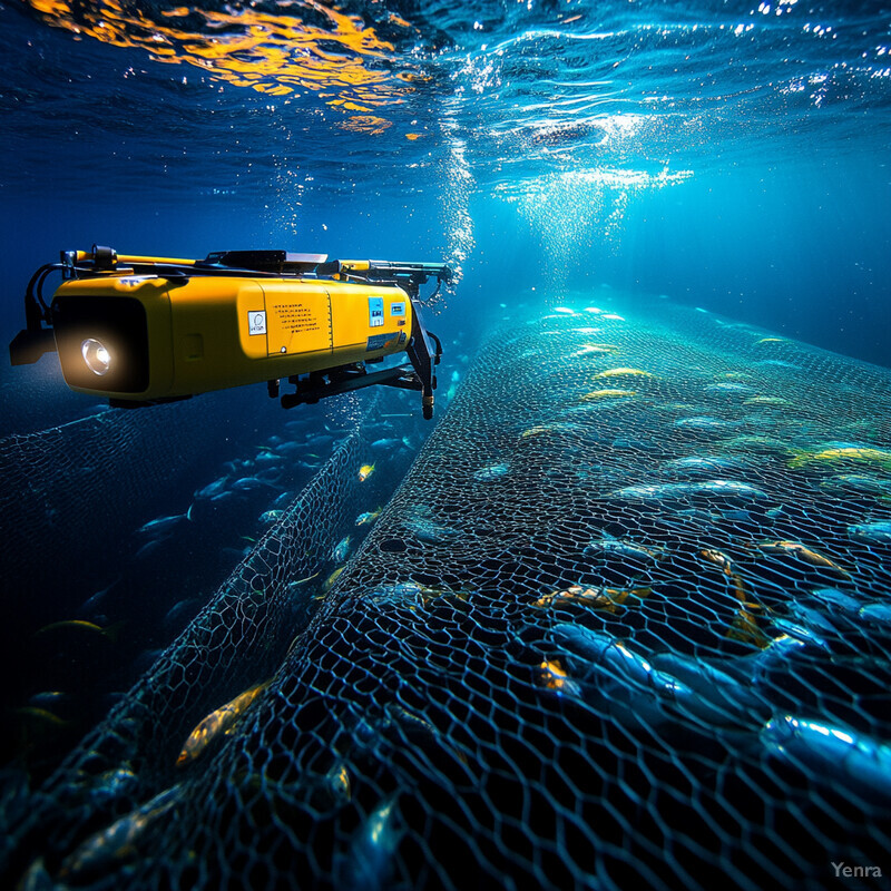 A yellow robot inspects a large net filled with fish underwater.