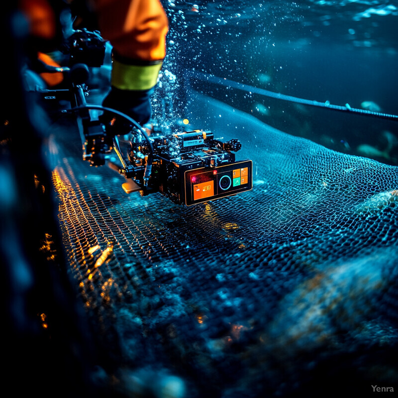 An underwater robotic inspection setup featuring a large net or mesh material and a sophisticated robotic device.