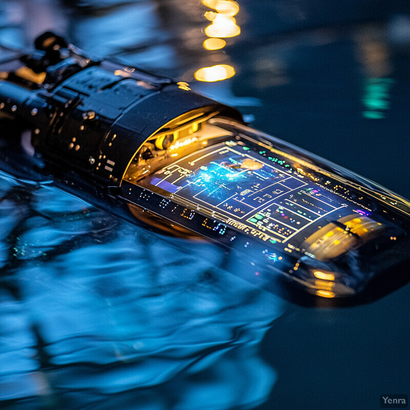 An underwater robotic inspection device lying on the ocean floor, its camera lens pointing upwards.