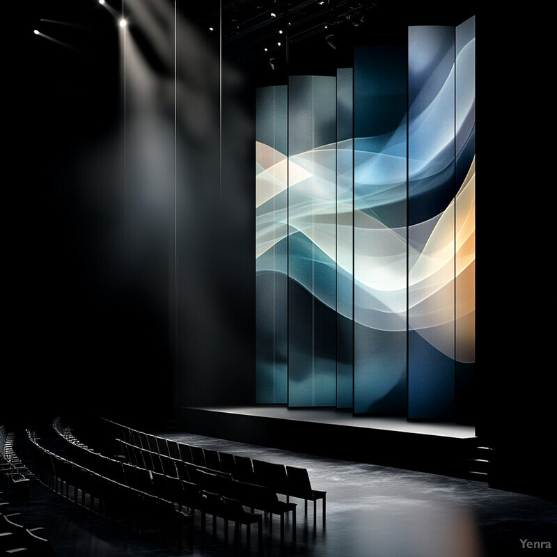 An empty theater with a large screen displaying an abstract design.