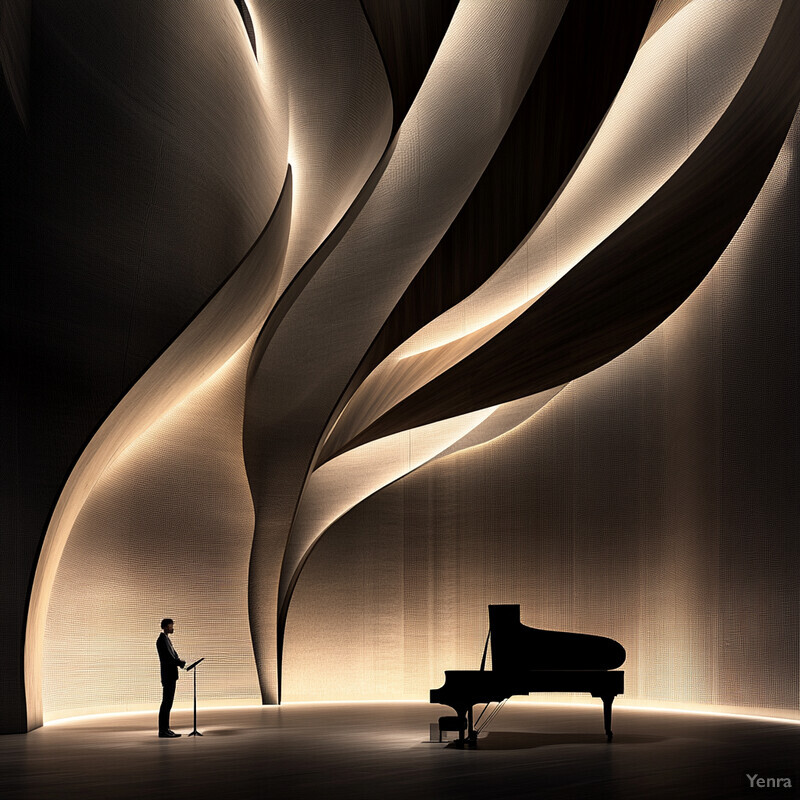 An acoustically optimized space designed to enhance sound quality, featuring a grand piano and a man with a microphone stand.