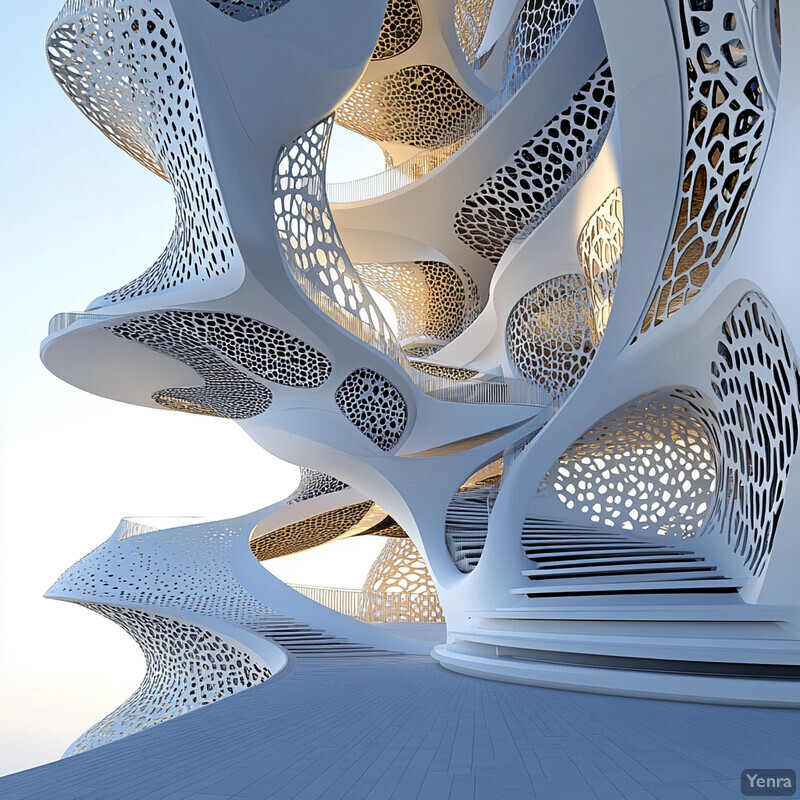 An architectural design with a unique blend of organic and futuristic elements, featuring intricate latticework patterns and smooth curves.