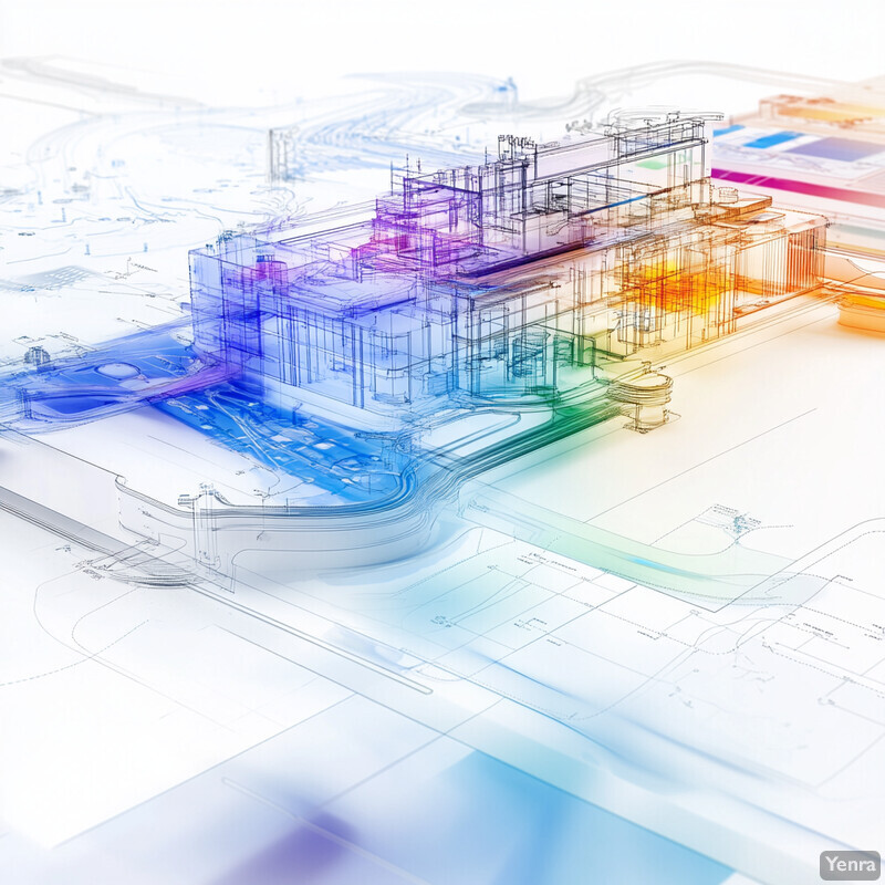 The image is an architectural blueprint or technical drawing of a multi-level building featuring staircases and potentially distinct materials.