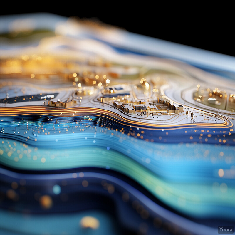 A 3D topographic map of an urban area with various features and structures visible.