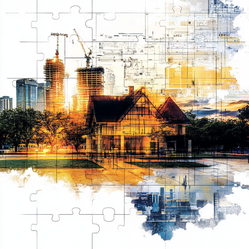 A puzzle with a house in front of a city skyline under construction.