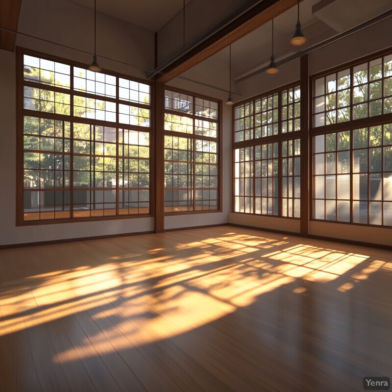 An empty room with large windows and wooden floors, bathed in natural light.