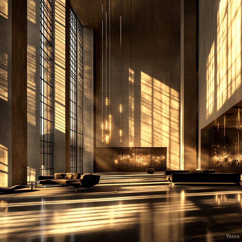 A modern living space with high ceilings, large windows, and a dark wood table.