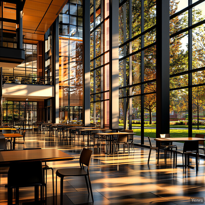 A spacious room with large windows and natural light, featuring tables and chairs.