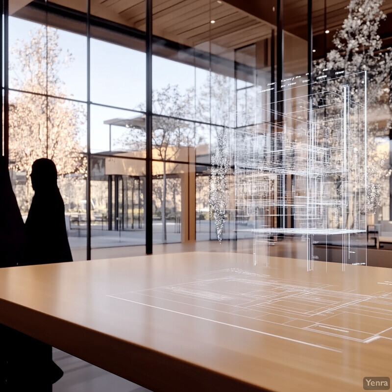 A modern and well-designed workspace with a large window, wooden table, and chairs.