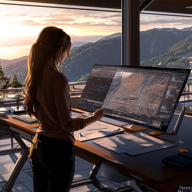 An artist works on her latest project at a cluttered desk with a computer monitor and drawing tools.