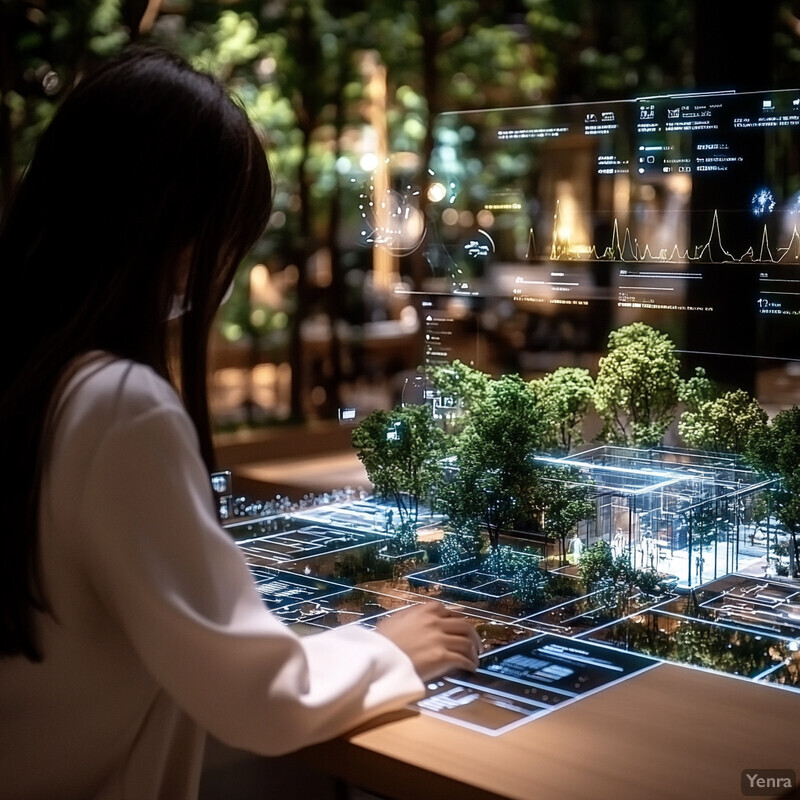 An interactive display screen displaying a model for some kind of building or complex with trees and other features, possibly to illustrate sustainable design concepts.