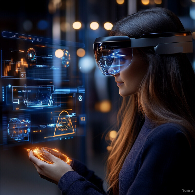 A woman wearing virtual reality goggles and holding a futuristic device in an office or laboratory setting.