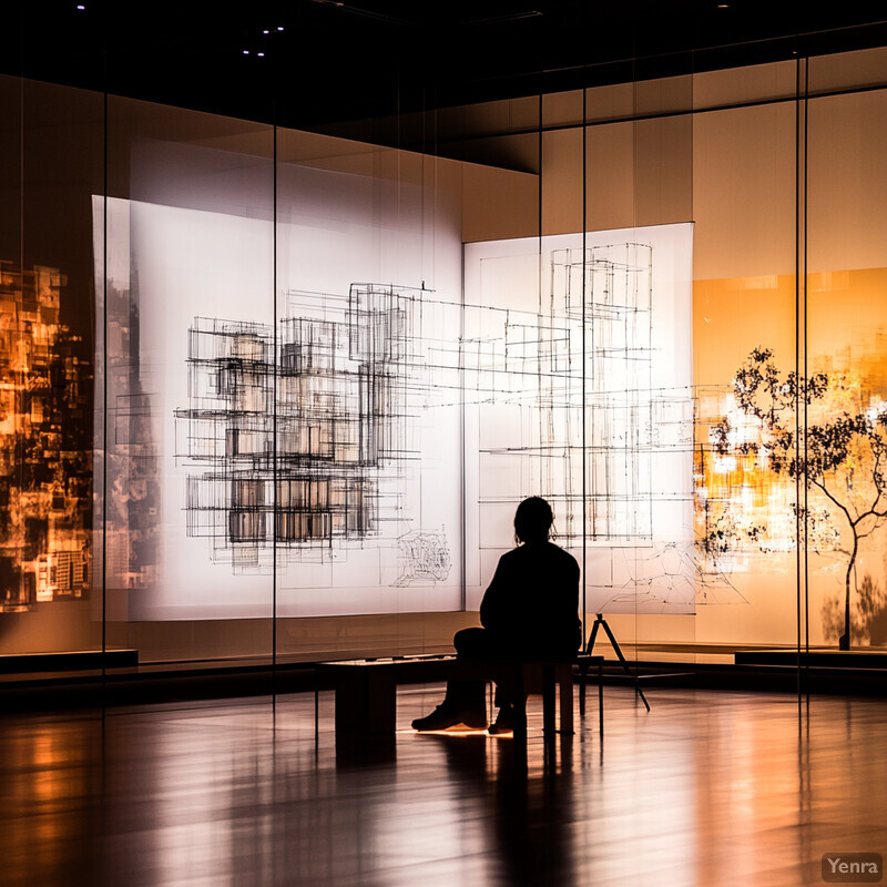 A man sits in front of a large screen displaying various architectural designs.