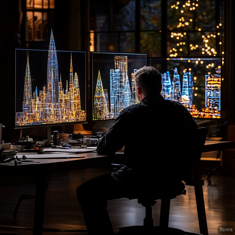 A man is working on urban planning or architectural design at his desk in front of multiple computer monitors displaying various city skylines.