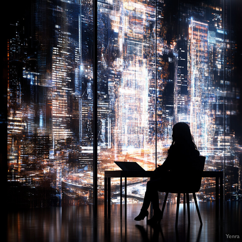 A woman sits at a desk in front of a large screen displaying a cityscape, likely an office setting.