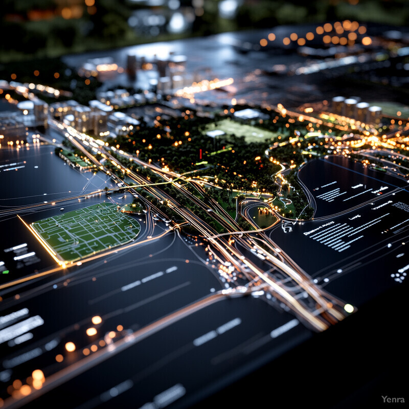 A cityscape at night with a focus on urban planning and infrastructure.