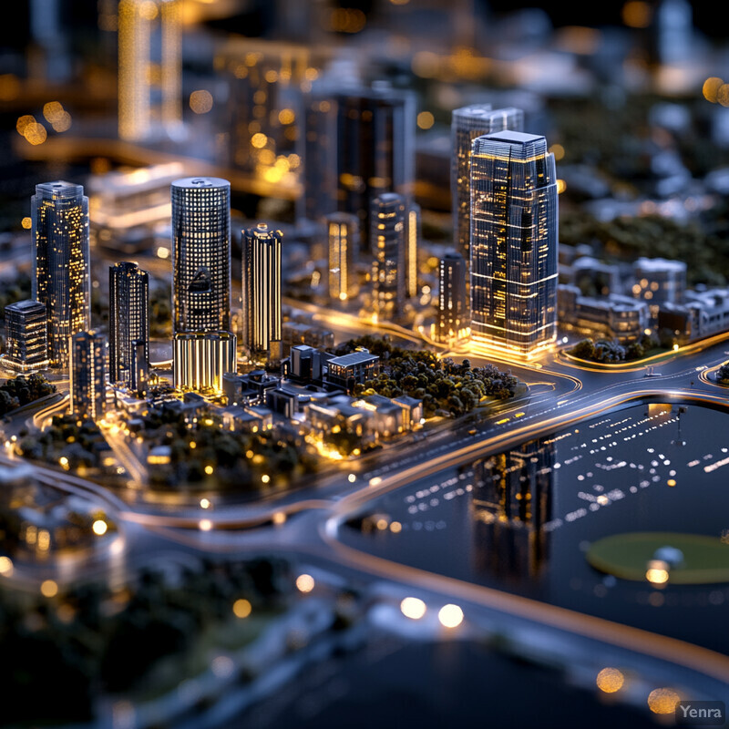 A highly detailed 3D model of an urban area, showcasing various structures and a vibrant atmosphere.