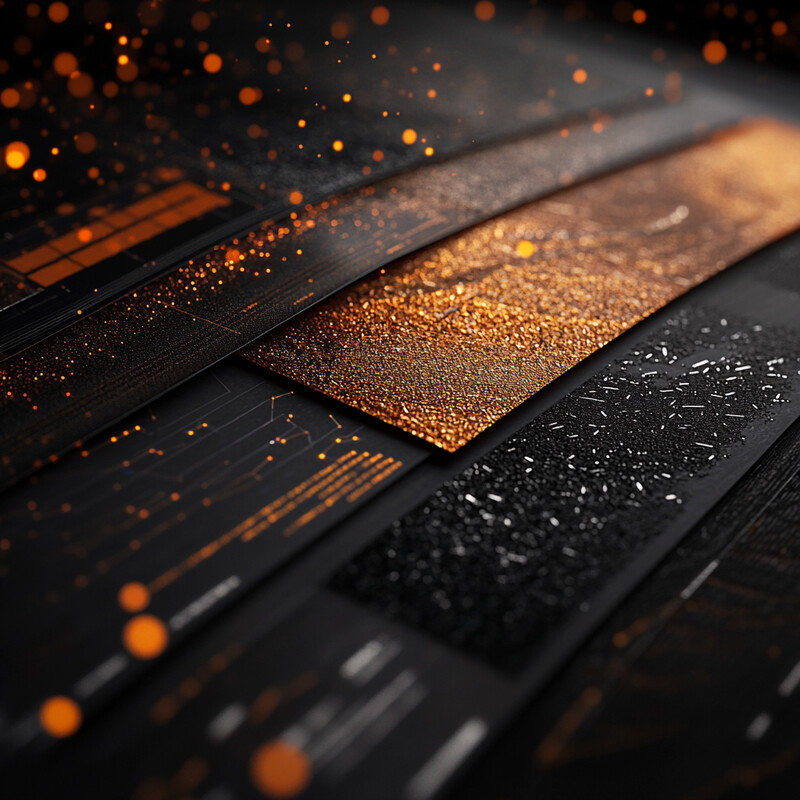 An abstract composition featuring rectangular shapes in black and orange hues, with textured surfaces and smooth finishes.