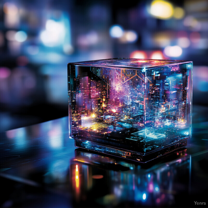 A futuristic cityscape is depicted within a glass cube, evoking a sense of artificial intelligence and data visualization.