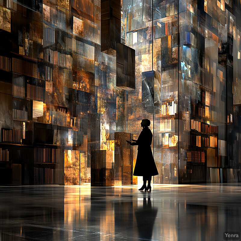 A woman stands in front of a wall covered with books and shelves, conveying an atmosphere of intellectual curiosity and engagement.