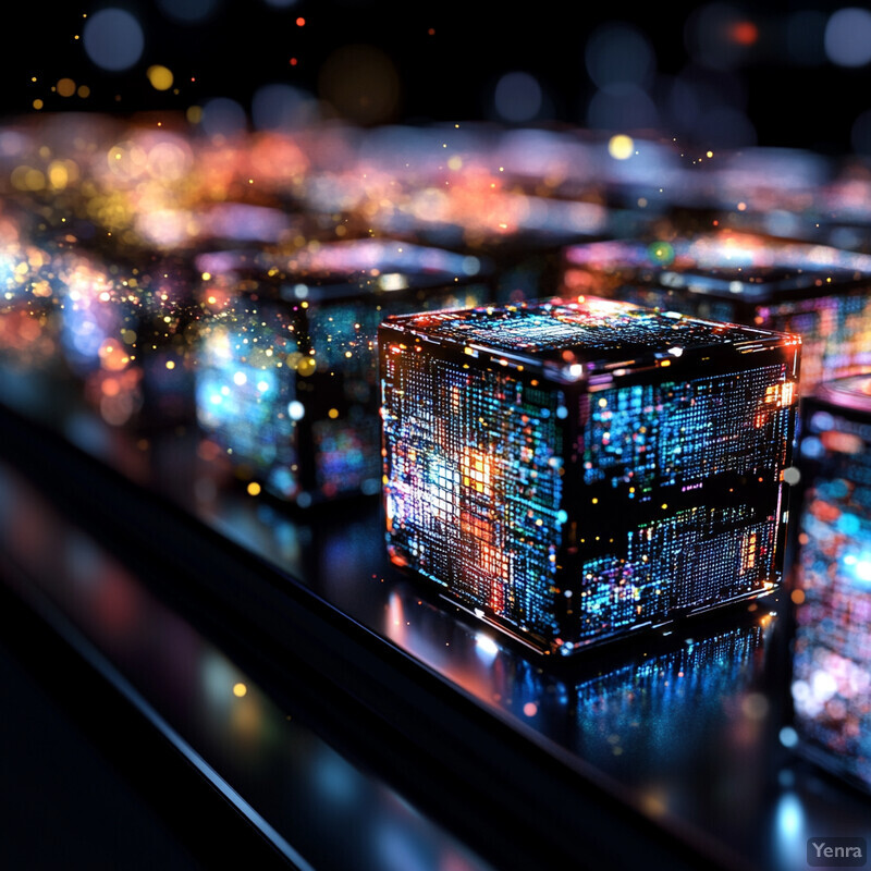 A futuristic scene featuring numerous small, intricately designed cubes arranged in rows on a table or platform.